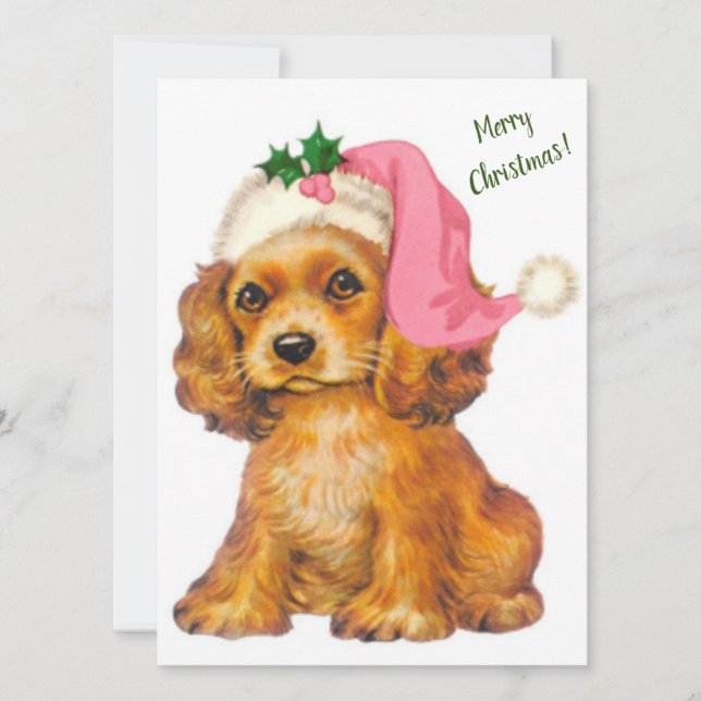 Tarjeta Festiva Vintage Retro Navidades Golden Retriever Puppy (Anverso)