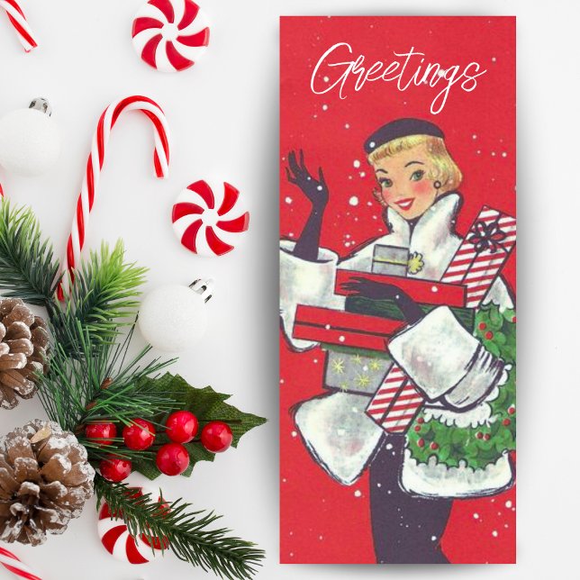 Tarjeta Festiva Vintage Retro Navidades Personalizado (Vintage Retro Christmas Shopping Lady Custom Holiday Card. Add a custom message & your name!)
