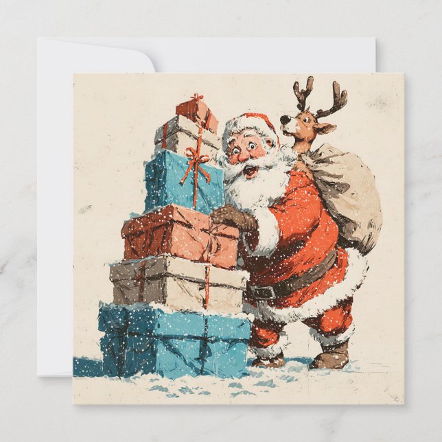 Tarjeta Festiva Vintage Retro Simple Reindeer Santa Claus (Anverso)