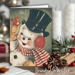Tarjeta Festiva Vintage Retro Snowman Customizable Christmas<br><div class="desc">Send this cute vintage snowman Christmas card to all your friends this holiday season! This card features a jolly mid-century snowman in black top hat and red and white striped scarf with a cute little red bird perched on his mittened hand. Sentiment in card says "Best wishes for a Wonderful...</div>