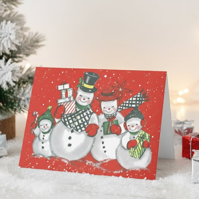 Tarjeta Festiva Vintage Retro Snowman Family Custom Christmas (Vintage Retro Snowman Family Custom Christmas Holiday Card)