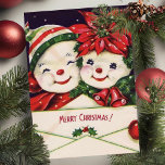 Tarjeta Festiva Vintage Retro Snowman Personalizados Navidades<br><div class="desc">Esta adorable tarjeta de Navidad vintage presenta a una linda pareja de hombres de nieve con gorras festivos y pañuelos,  sosteniendo un sobre que dice 'Feliz Navidad'. Personalice personalizando el mensaje en la parte posterior y/o agregando su(s) nombre(s).</div>