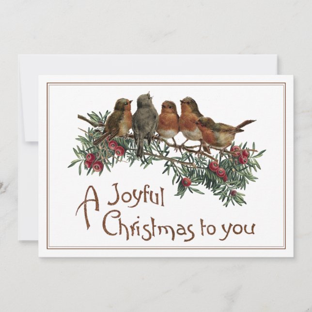 Tarjeta Festiva Vintage Robin Bird Christmas Evergreen Joyful (Anverso)