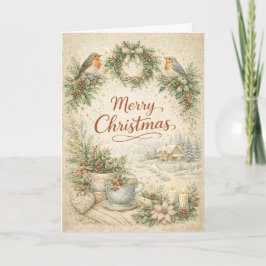 Tarjeta Festiva Vintage Robin Wreath Merry Christmas 