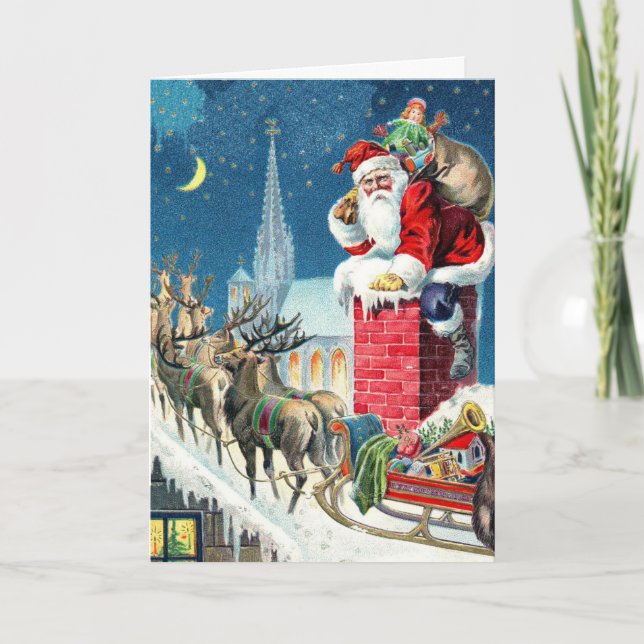 Tarjeta Festiva Vintage Rooftop Santa & Sleigh Christmas (Anverso)
