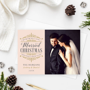 Tarjeta Festiva Vintage Rubor Gold Boda de Navidades casados