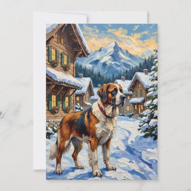 Tarjeta Festiva Vintage Saint Bernard Alpine Christmas Painting (Anverso)