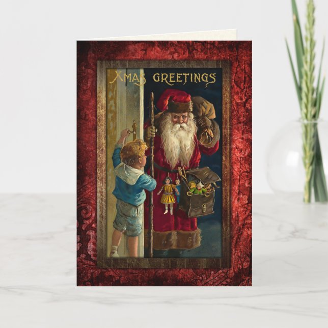 Tarjeta Festiva Vintage Santa Bringing Toys (Anverso)