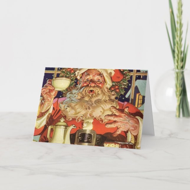 Tarjeta Festiva Vintage Santa Claus bebe té (Anverso)