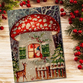 Tarjeta Festiva Vintage Santa Claus Gnome En Casa De Setas