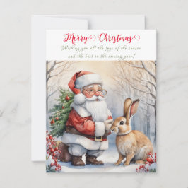 Tarjeta Festiva Vintage Santa Claus Navidades y Bunny