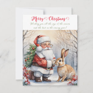 Tarjeta Festiva Vintage Santa Claus Navidades y Bunny