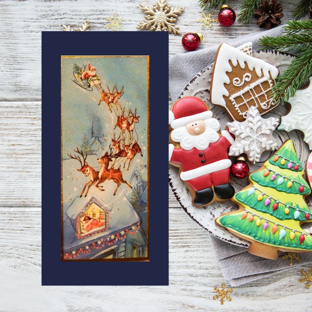 Tarjeta Festiva Vintage Santa Claus Reindeer Sleigh Volando (Subido por el creador)
