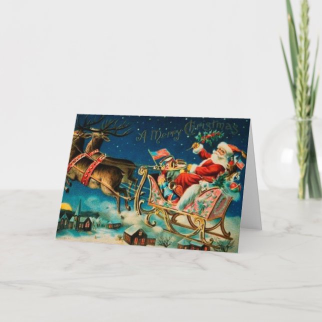 Tarjeta Festiva Vintage Santa Claus Sleigh Navidades (Anverso)