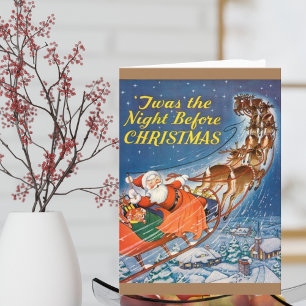 Tarjeta Festiva Vintage Santa Claus Sleigh Reindeer Volando