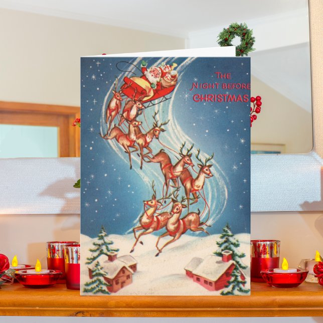Tarjeta Festiva Vintage Santa Claus Sleigh y el reno volando (Folded Christmas Card On the Mantle)