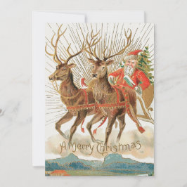 Tarjeta Festiva Vintage Santa Claus Sleigh Y Reindes Volando