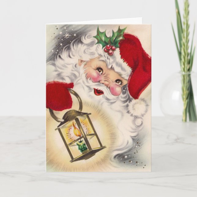 Tarjeta Festiva Vintage Santa Claus sostiene Lantern (Anverso)