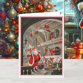 Tarjeta Festiva Vintage Santa Claus y Elves haciendo galletas y du