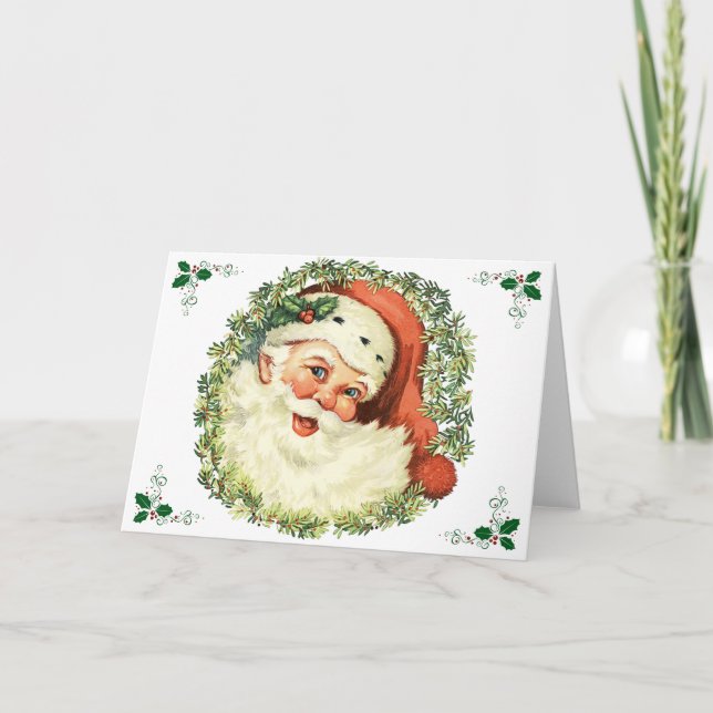 Tarjeta Festiva Vintage Santa con Holly (Anverso)