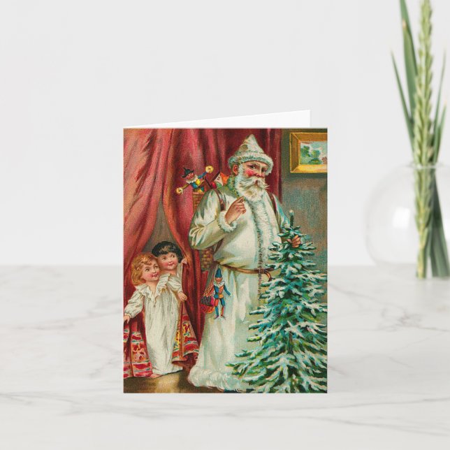 Tarjeta Festiva Vintage Santa con niños (Anverso)