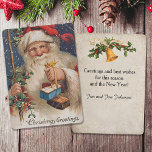 Tarjeta Festiva Vintage Santa con Presentes<br><div class="desc">La era victoriana de Santa con largos surcos sosteniendo paquetes atados con cinta de correr. Imagen complementaria al reverso con texto de personalizable.</div>