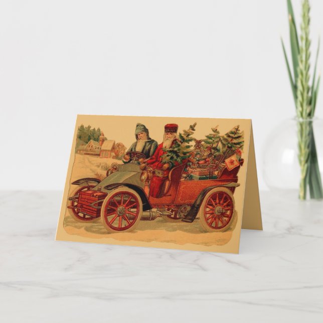 Tarjeta Festiva Vintage Santa en automóvil (Anverso)