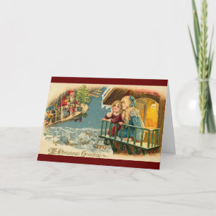 Tarjeta Festiva Vintage Santa en globo aéreo