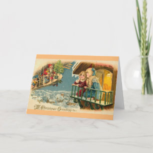 Tarjeta Festiva Vintage Santa en globo aéreo