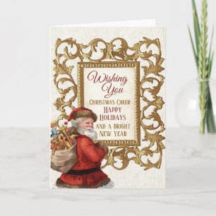 Tarjeta Festiva Vintage Santa Gold Frame Feliz Año Nuevo