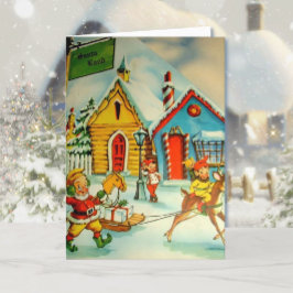 Tarjeta Festiva Vintage Santa Land Elves & Santa en Nieve