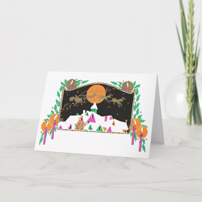 Tarjeta Festiva Vintage Santa Over Rooftops (Anverso)