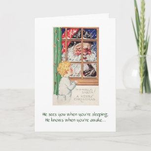 Tarjeta Festiva Vintage - Santa Peeks In,