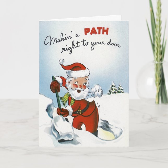 Tarjeta Festiva Vintage Santa que traspala nieve (Anverso)