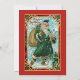 Tarjeta Festiva Vintage Santa Robada Verde en Nieve