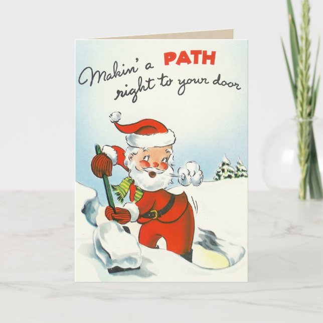 Tarjeta Festiva Vintage Santa Shoveling Snow (Anverso)