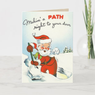 Tarjeta Festiva Vintage Santa Shoveling Snow