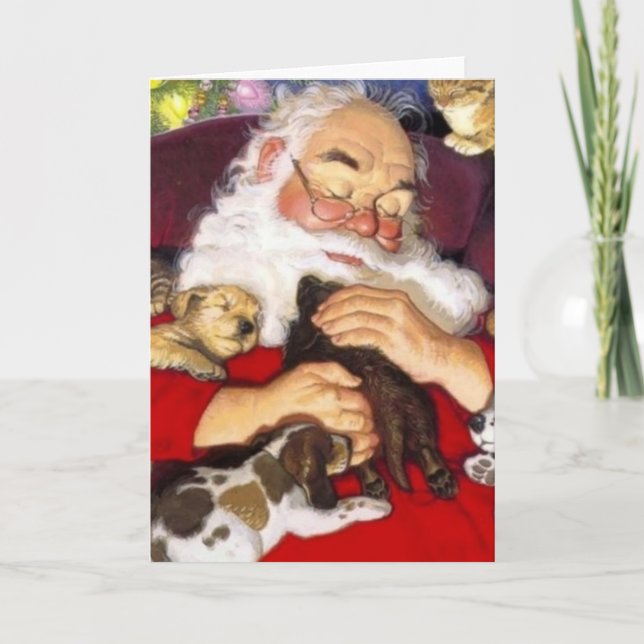 Tarjeta Festiva Vintage Santa Sleeping With Puppies (Anverso)