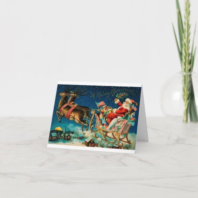 Tarjeta Festiva Vintage Santa sobre Sleigh (Anverso)