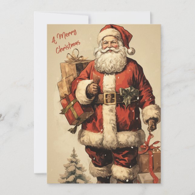 Tarjeta Festiva Vintage Santa with Christmas Gifts  (Anverso)