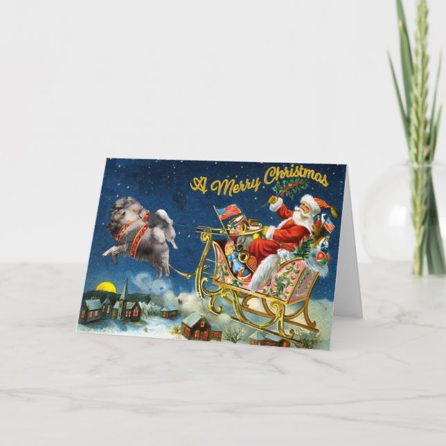 Tarjeta Festiva Vintage Santa with Keeshond Team (Anverso)