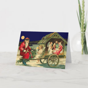 Tarjeta Festiva Vintage Santa y escena de la natividad