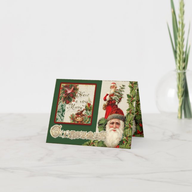 Tarjeta Festiva Vintage Santas Elegantes Navidades Fotográficos (Anverso)