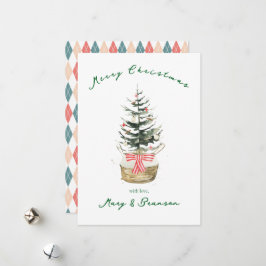 Tarjeta Festiva Vintage Script Red Green Argyl Non Photo Christmas