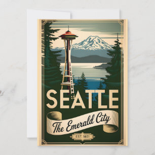 Tarjeta Festiva Vintage Seattle Washington Ciudad Esmeralda Retro