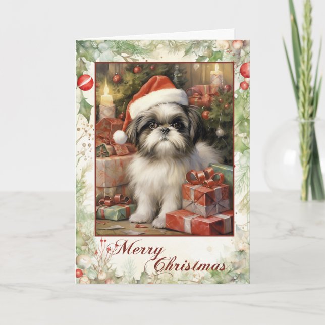 Tarjeta Festiva Vintage Shih Tzu Navidades (Anverso)
