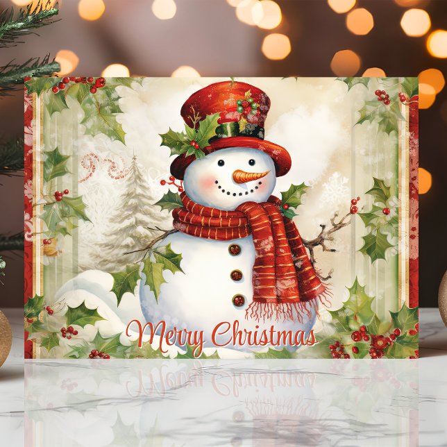 Tarjeta Festiva Vintage Snowman con Holly Merry Christmas (Subido por el creador)