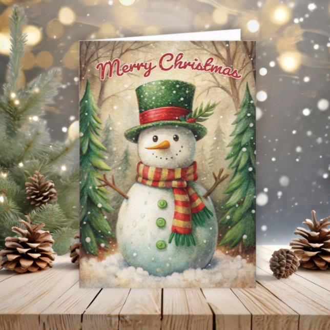 Tarjeta Festiva Vintage Snowman Merry Christmas (Snowman folded Christmas greeting card)