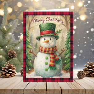 Tarjeta Festiva Vintage Snowman Merry Christmas Buffalo Plaid
