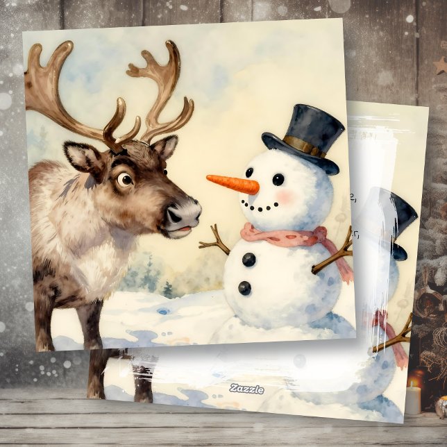 Tarjeta Festiva Vintage Snowman & Reindeer Personalized Christmas (Subido por el creador)